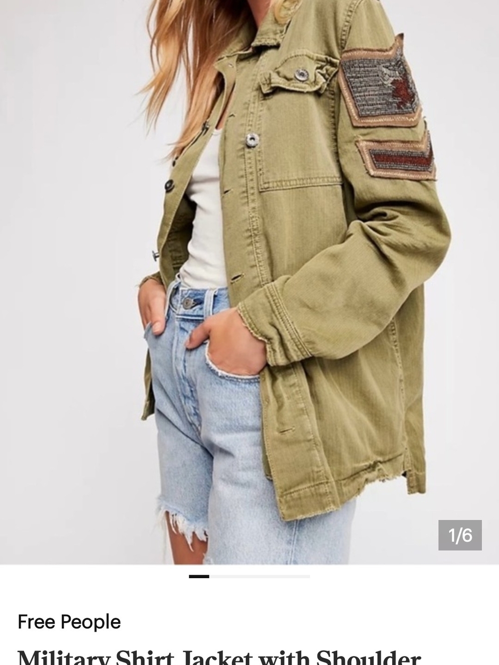 Free People Olive Green Military Utility Jacket with Patch Detail